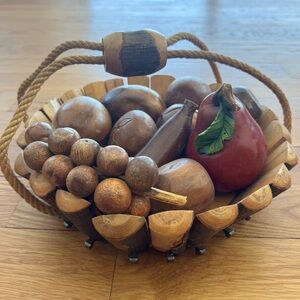 Vintage Wooden Fruit Basket with Hand-Carved Wooden Fruit Set